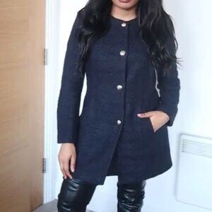 Zara New $119 Size L Navy Blue Structured Textured Long Blazer Womens